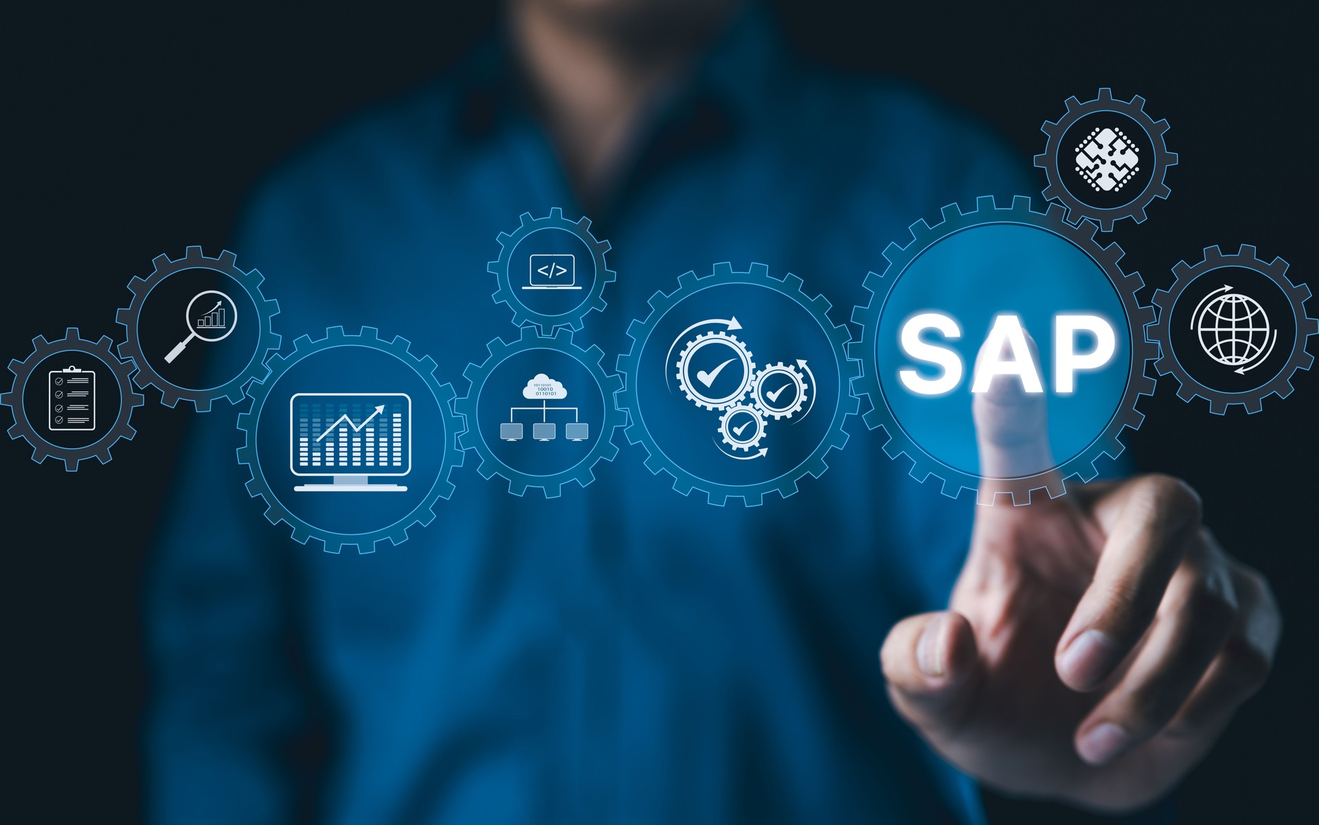 SAP system and business process automation concept. Businessman with icons SAP (System Applications and Products) software for business process automation, data management, and digital transformation.