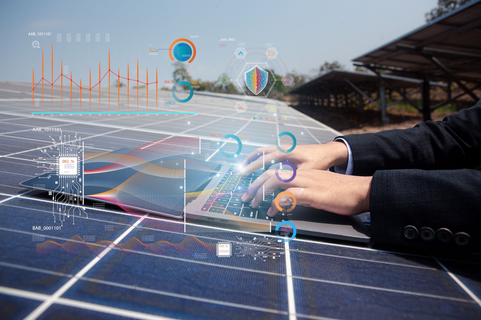 Engineer or electrician uses a equipment to inspect or maintain a solar panel used in home or industry. The screen shows radiation temperature and hot quality of energy, renewable, green and clean.